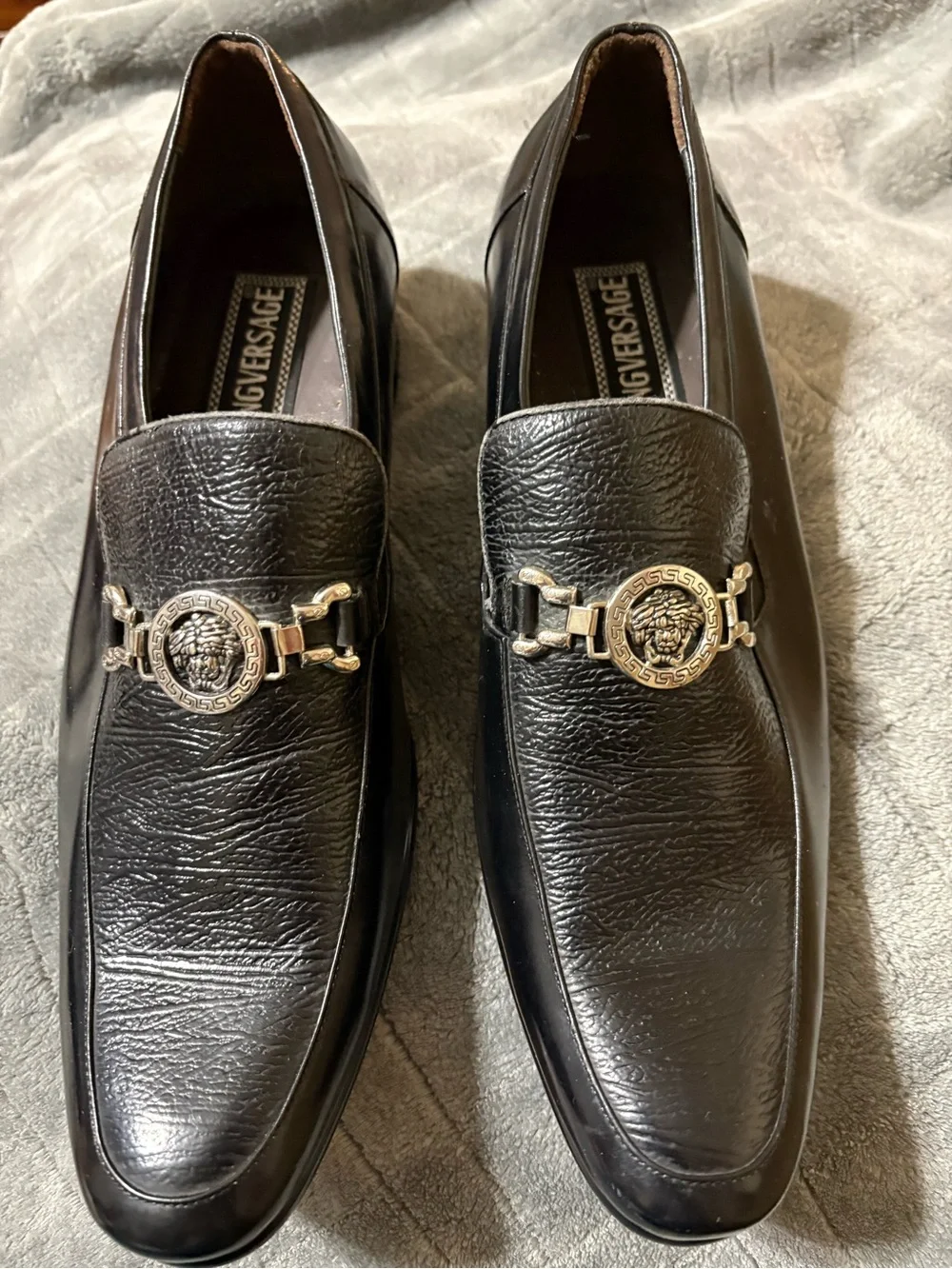 Majiling Versace Men's Black Leather Slip-On Loafers with Silver Bit Accent